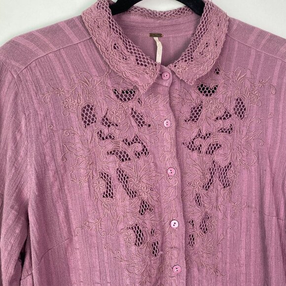 Free People Shirt Carter Dobby Cotton Button Down Purple Size M Bohemian - Picture 4 of 10